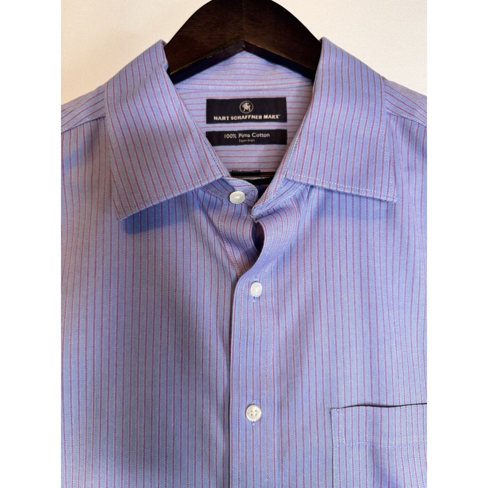 Hart Schaffner Marx Dress Shirt Mens 17/35 XL Blue Red Stripe Long Sleeve Classy